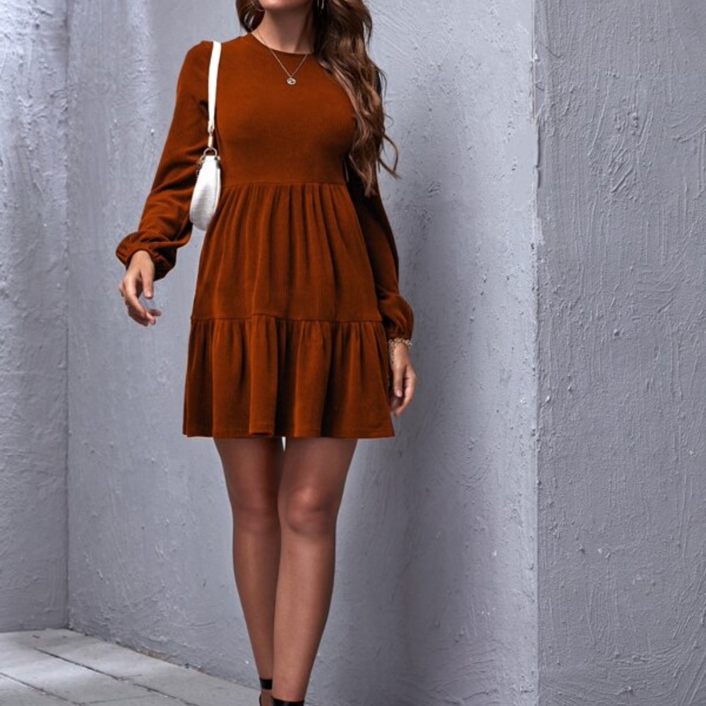 Rust Brown Ribbed Ruffle Mini Babydoll Dress - Picture 2 of 5